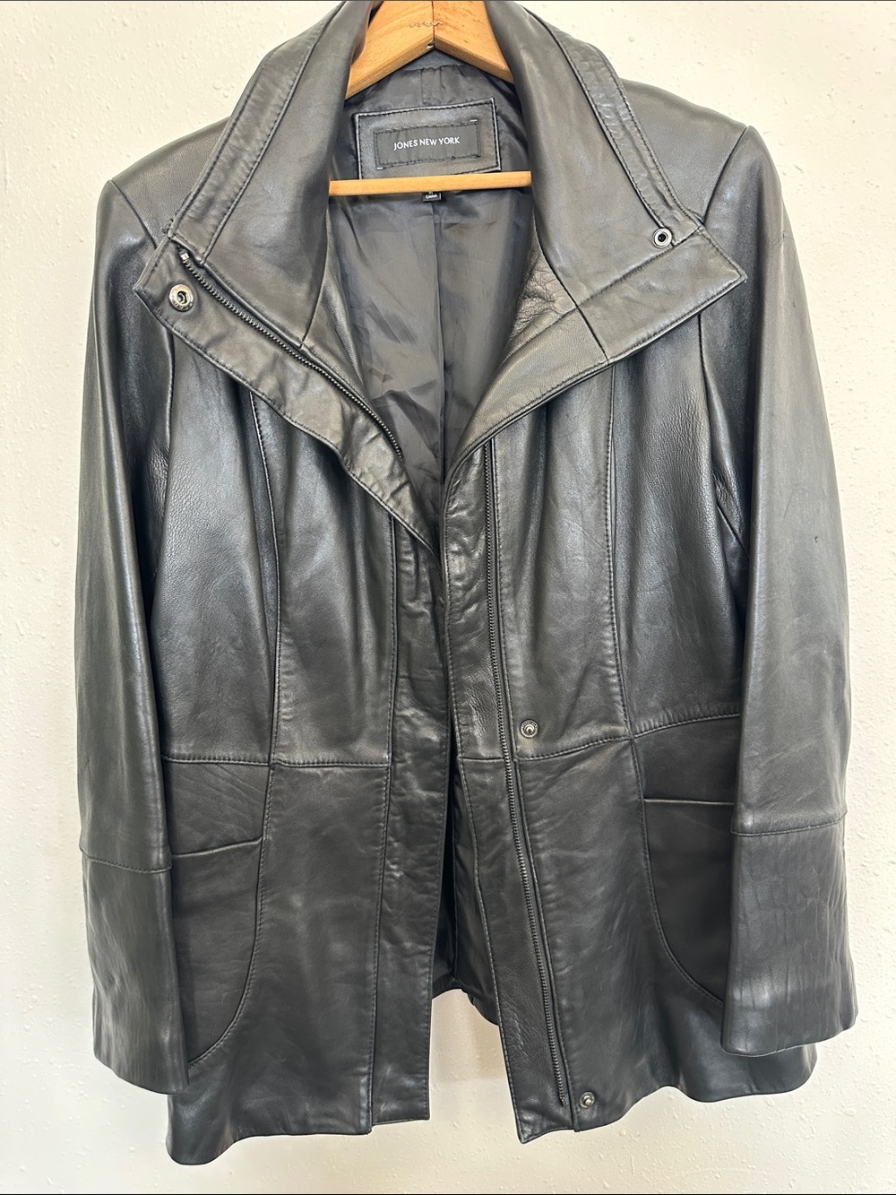 Jones New York 90s Black Leather Jacket snap and zip front - womens coat